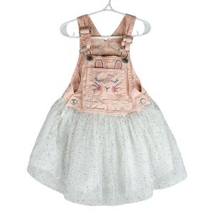 OshKosh B'gosh Girl's Pink Bunny White Tulle Silver Sparkle Skirt Overalls 3T